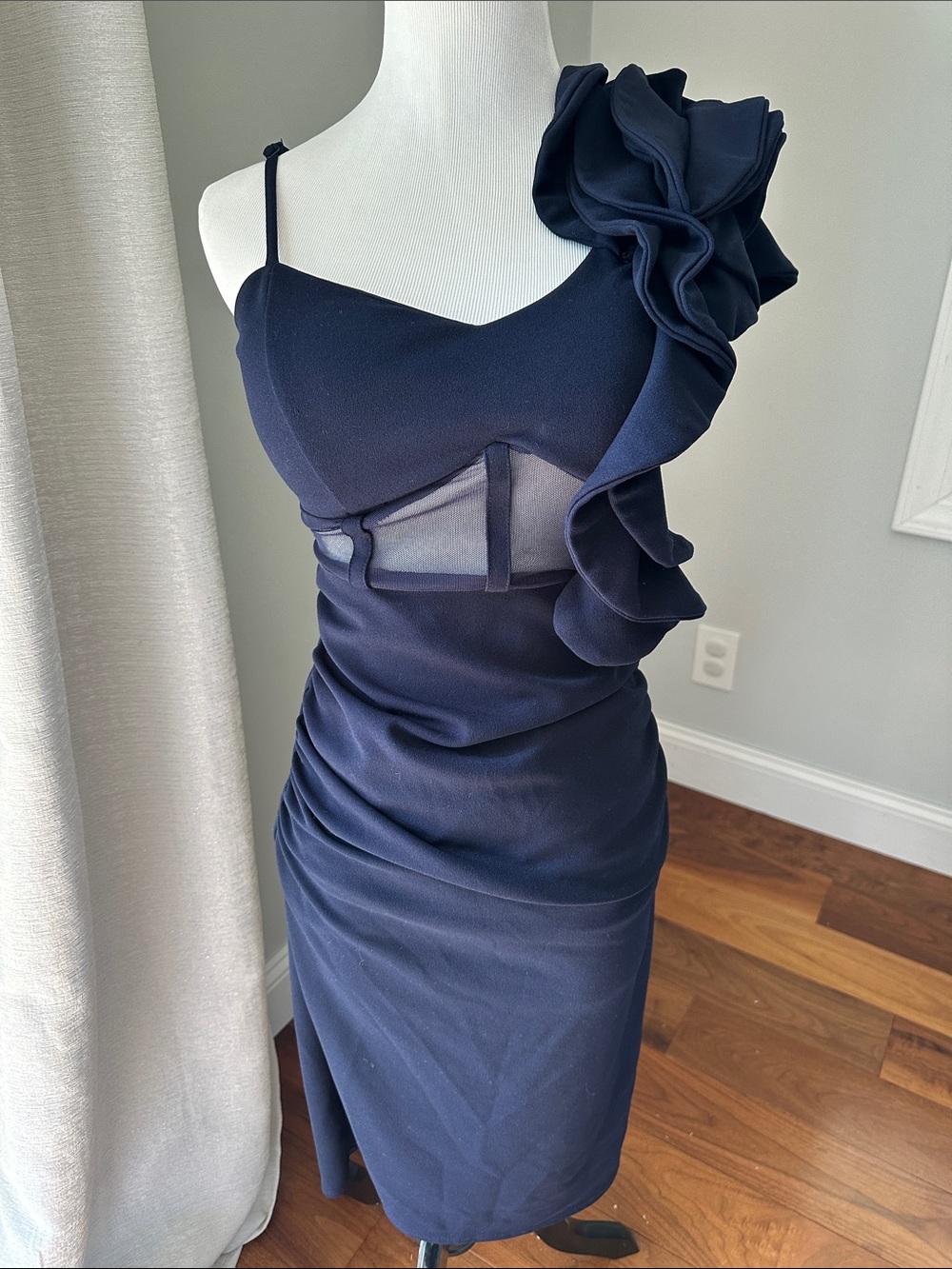 Elegant Navy One-Shoulder Ruffle Emerald Sunday Cocktail Dress Size M